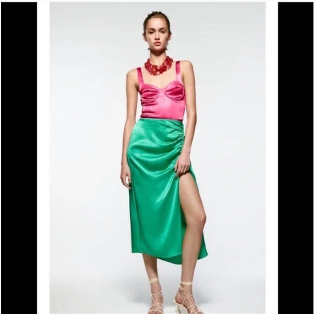 Zara Satin Effect Ruched Skirt Green Size S NEW WITH TAG!